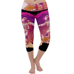 Astronaut Spacesuit Standing Surfboard Surfing Milky Way Stars Capri Yoga Leggings by Ndabl3x