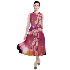 Astronaut Spacesuit Standing Surfboard Surfing Milky Way Stars Round Neck Boho Dress by Ndabl3x