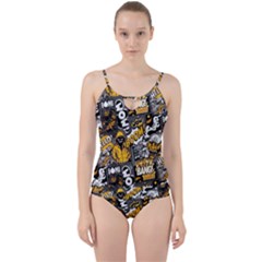 Boom Bang Art Crazy Drawing Graffiti Hello Retro Sayings Yellow Cut Out Top Tankini Set by Bedest