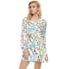Seamless Pattern Vector With Funny Robots Cartoon Tiered Long Sleeve Mini Dress by Hannah976