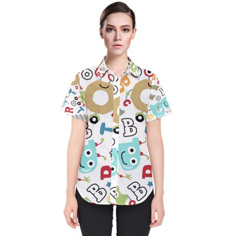 Seamless Pattern Vector With Funny Robots Cartoon Women s Short Sleeve Shirt by Hannah976
