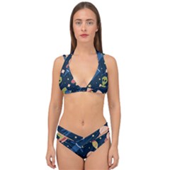 Seamless Pattern With Funny Aliens Cat Galaxy Double Strap Halter Bikini Set by Hannah976