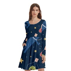 Seamless Pattern With Funny Aliens Cat Galaxy Long Sleeve Knee Length Skater Dress With Pockets by Hannah976