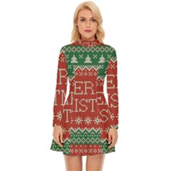 Merry Christmas  Pattern Long Sleeve Velour Longline Dress by artworkshop