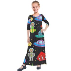 Seamless Pattern With Space Objects Ufo Rockets Aliens Hand Drawn Elements Space Kids  Quarter Sleeve Maxi Dress by Hannah976
