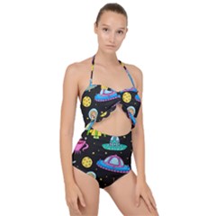 Seamless Pattern With Space Objects Ufo Rockets Aliens Hand Drawn Elements Space Scallop Top Cut Out Swimsuit by Hannah976