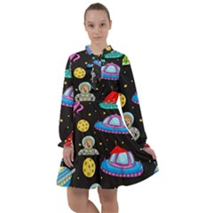 Seamless Pattern With Space Objects Ufo Rockets Aliens Hand Drawn Elements Space All Frills Chiffon Dress by Hannah976