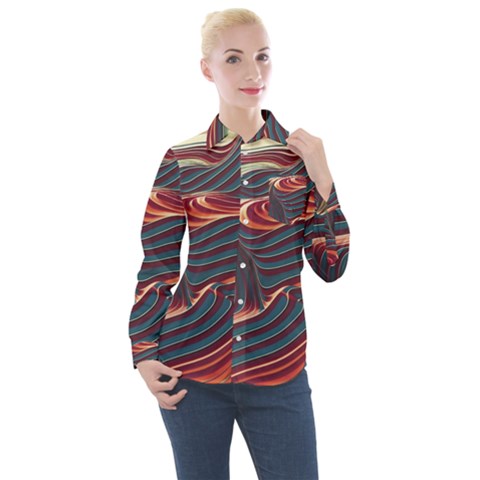 Dessert Storm Wave  pattern  Women s Long Sleeve Pocket Shirt by coffeus