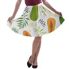 Seamless Tropical Pattern With Papaya A-line Skater Skirt by Ravend