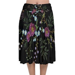 Embroidery Trend Floral Pattern Small Branches Herb Rose Velvet Flared Midi Skirt by Apen
