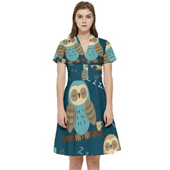 Seamless Pattern Owls Dreaming Short Sleeve Waist Detail Dress by Apen