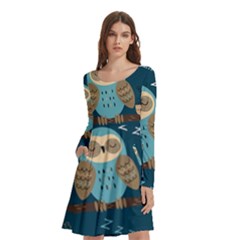 Seamless Pattern Owls Dreaming Long Sleeve Knee Length Skater Dress With Pockets by Apen