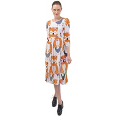 Cute Colorful Owl Cartoon Seamless Pattern Ruffle End Midi Chiffon Dress by Apen
