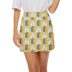 Smile Cloud Rainbow Pattern Yellow Mini Front Wrap Skirt by Apen