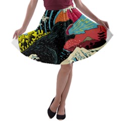 Retro Wave Kaiju Godzilla Japanese Pop Art Style A-line Skater Skirt by Cendanart