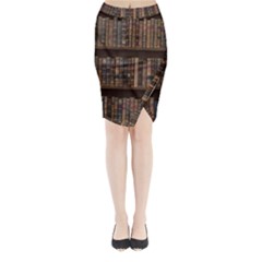 Old Bookshelf Orderly Antique Books Midi Wrap Pencil Skirt by Cendanart