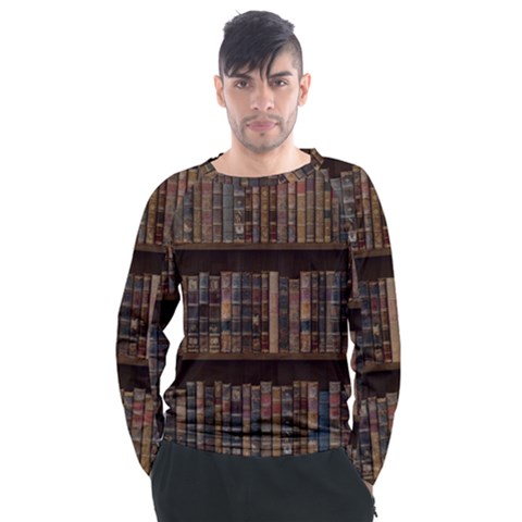 Old Bookshelf Orderly Antique Books Men s Long Sleeve Raglan T-shirt by Cendanart