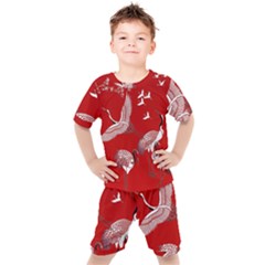 Japanese Crane Bird Art Kids  T-shirt And Shorts Set by Cendanart