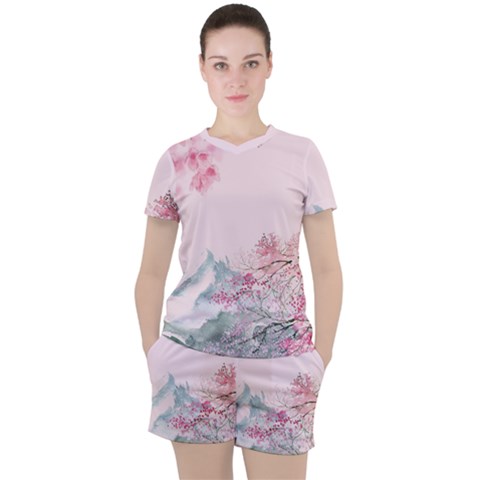 Pink Chinese Style Cherry Blossom Women s T-shirt And Shorts Set by Cendanart