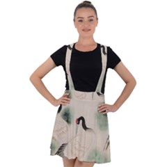 Japanese Crane Painting Of Bird Velvet Suspender Skater Skirt by Cendanart