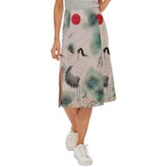 Japanese Crane Painting Of Bird Midi Panel Skirt by Cendanart