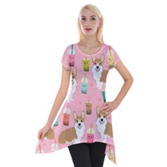 Corgi Bubble Boba Tea Pink Pattern Short Sleeve Side Drop Tunic by Cendanart