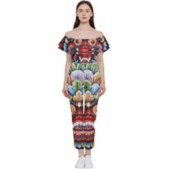 Wood Sculpture Bali Logo Bardot Ruffle Jumpsuit by Ket1n9