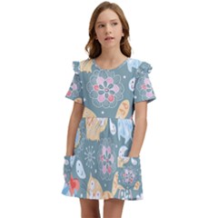Cute Cat Background Pattern Kids  Frilly Sleeves Pocket Dress by Ket1n9