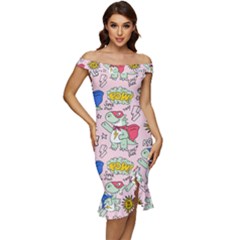 Seamless Pattern With Many Funny Cute Superhero Dinosaurs T-rex Mask Cloak With Comics Style Inscrip Off Shoulder Ruffle Split Hem Bodycon Dress by Ket1n9