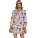 Seamless Pattern With Many Funny Cute Superhero Dinosaurs T-rex Mask Cloak With Comics Style Inscrip V-Neck Placket Mini Dress View1