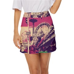Pink City Retro Vintage Futurism Art Mini Front Wrap Skirt by Ket1n9