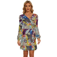 Graffiti Mural Street Art Painting Long Sleeve Waist Tie Ruffle Velvet Dress by Ket1n9