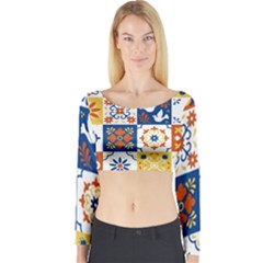 Mexican Talavera Pattern Ceramic Tiles With Flower Leaves Bird Ornaments Traditional Majolica Style Long Sleeve Crop Top by Ket1n9