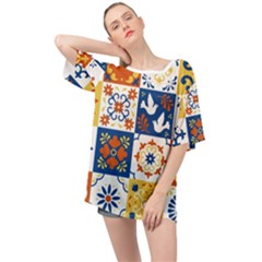 Mexican Talavera Pattern Ceramic Tiles With Flower Leaves Bird Ornaments Traditional Majolica Style Oversized Chiffon Top by Ket1n9