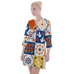 Mexican Talavera Pattern Ceramic Tiles With Flower Leaves Bird Ornaments Traditional Majolica Style Open Neck Shift Dress by Ket1n9