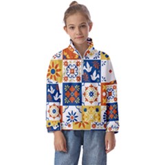 Mexican Talavera Pattern Ceramic Tiles With Flower Leaves Bird Ornaments Traditional Majolica Style Kids  Half Zip Hoodie by Ket1n9