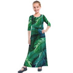 Tropical Green Leaves Background Kids  Quarter Sleeve Maxi Dress by Hannah976
