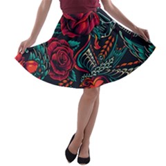 Vintage Flash Tattoos Designs Seamless Pattern A-line Skater Skirt by Hannah976