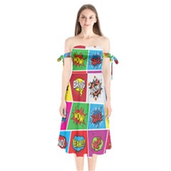 Pop Art Comic Vector Speech Cartoon Bubbles Popart Style With Humor Text Boom Bang Bubbling Expressi Shoulder Tie Bardot Midi Dress by Hannah976