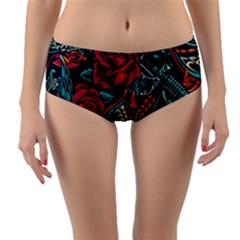 Vintage Flash Tattoos Designs Seamless Pattern Reversible Mid-waist Bikini Bottoms by Ndabl3x