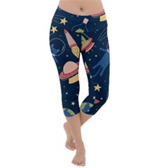 Seamless Pattern With Funny Alien Cat Galaxy Lightweight Velour Capri Yoga Leggings by Ndabl3x