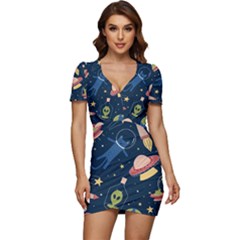 Seamless Pattern With Funny Alien Cat Galaxy Low Cut Cap Sleeve Mini Dress by Ndabl3x