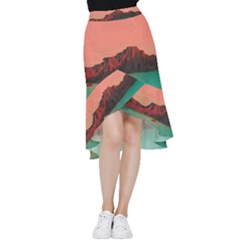 Brown Mountain Illustration Sunset Digital Art Mountains Frill Hi Low Chiffon Skirt by Cendanart