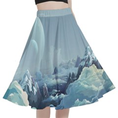 Mountain Covered Snow Mountains Clouds Fantasy Art A-line Full Circle Midi Skirt With Pocket by Cendanart
