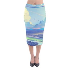 Mountains And Trees Illustration Painting Clouds Sky Landscape Velvet Midi Pencil Skirt by Cendanart