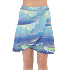 Mountains And Trees Illustration Painting Clouds Sky Landscape Wrap Front Skirt by Cendanart