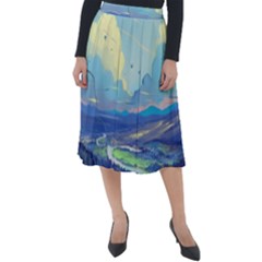 Mountains And Trees Illustration Painting Clouds Sky Landscape Classic Velour Midi Skirt  by Cendanart