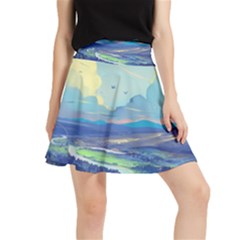 Mountains And Trees Illustration Painting Clouds Sky Landscape Waistband Skirt by Cendanart