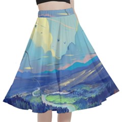 Mountains And Trees Illustration Painting Clouds Sky Landscape A-line Full Circle Midi Skirt With Pocket by Cendanart