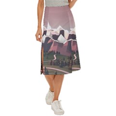 White And Brown Mountain Illustration Digital Art Midi Panel Skirt by Cendanart